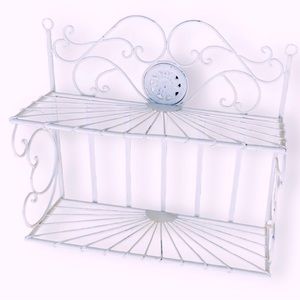 VINTAGE Shabby Chic White Rustic Metal Display Rack Hanging Shelf 18”x15”